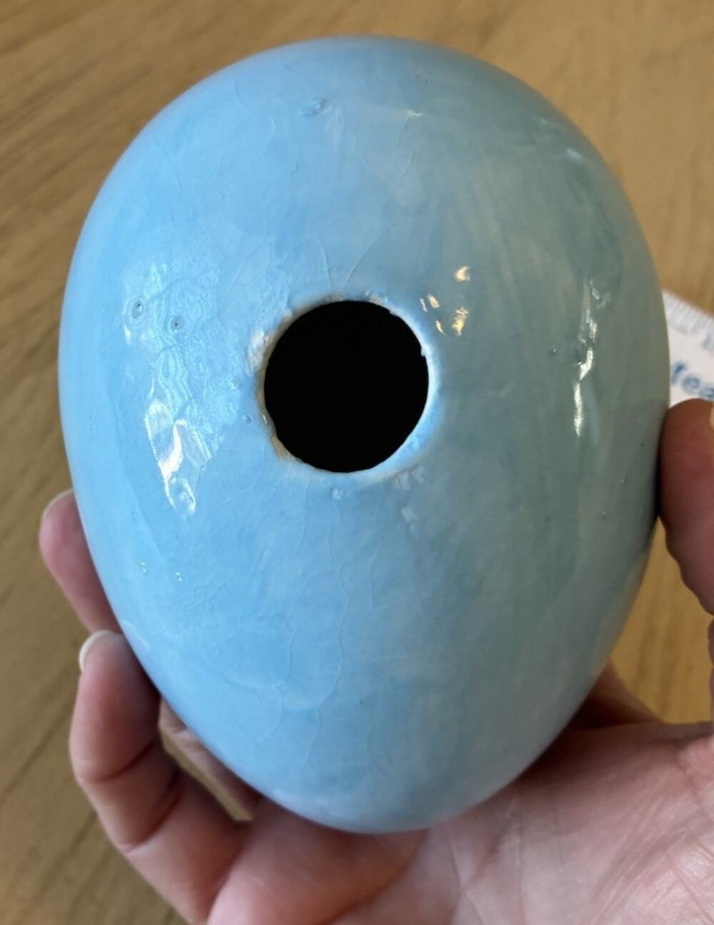vintage ceramic Easter egg light blue hollow hole in bottom Decor Basket 5”